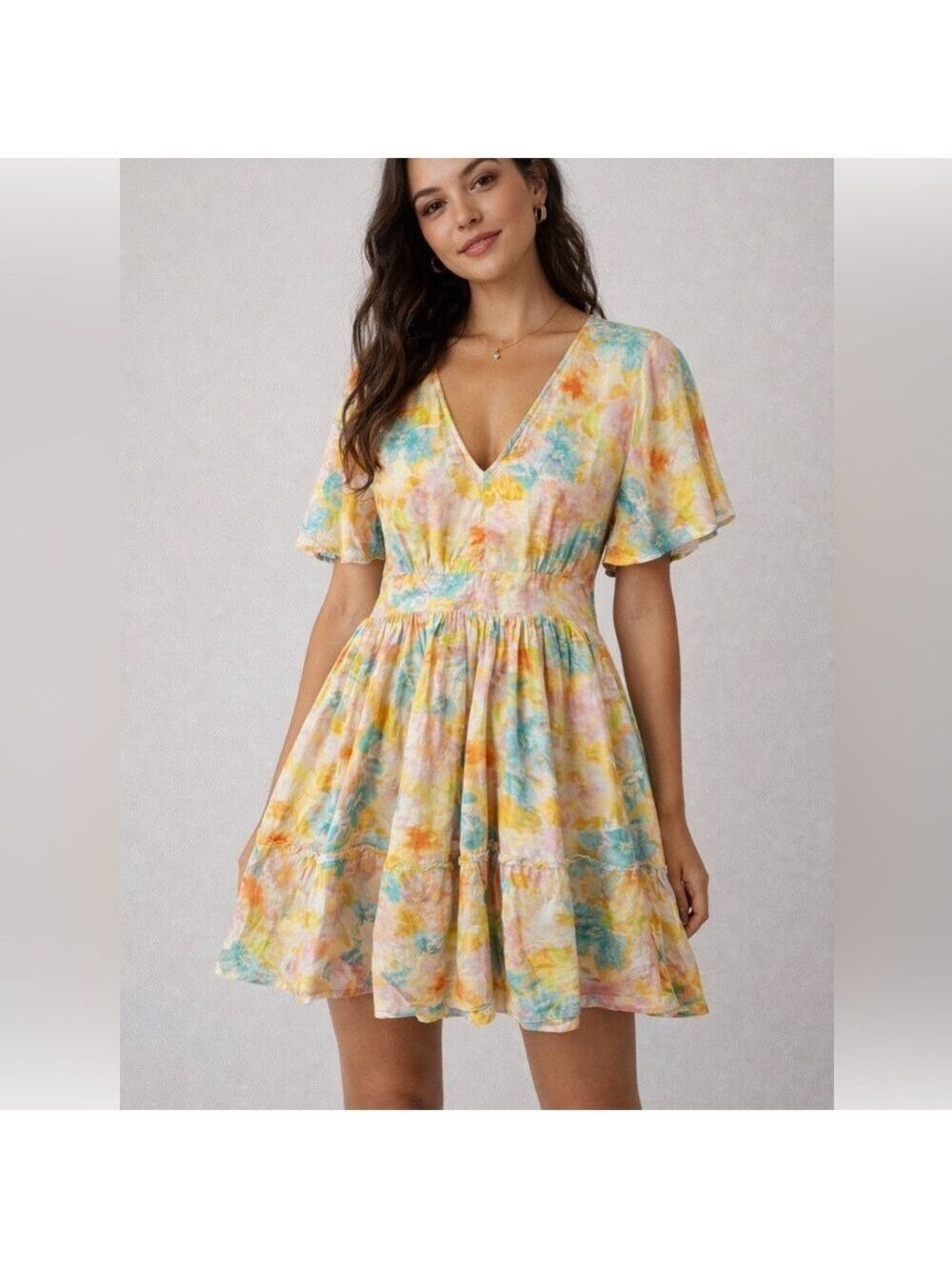 Roberta Roller Rabbit Pastel watercolor floral V-Neck ruffle Mini Dress small